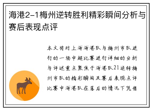海港2-1梅州逆转胜利精彩瞬间分析与赛后表现点评